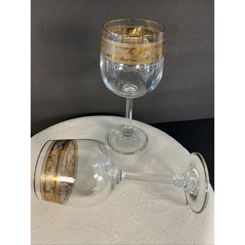 Vintage Stolzle Crystal Wine Goblet Glasses Gold Trim and White Band, Set of 8 - Picture 3 of 12